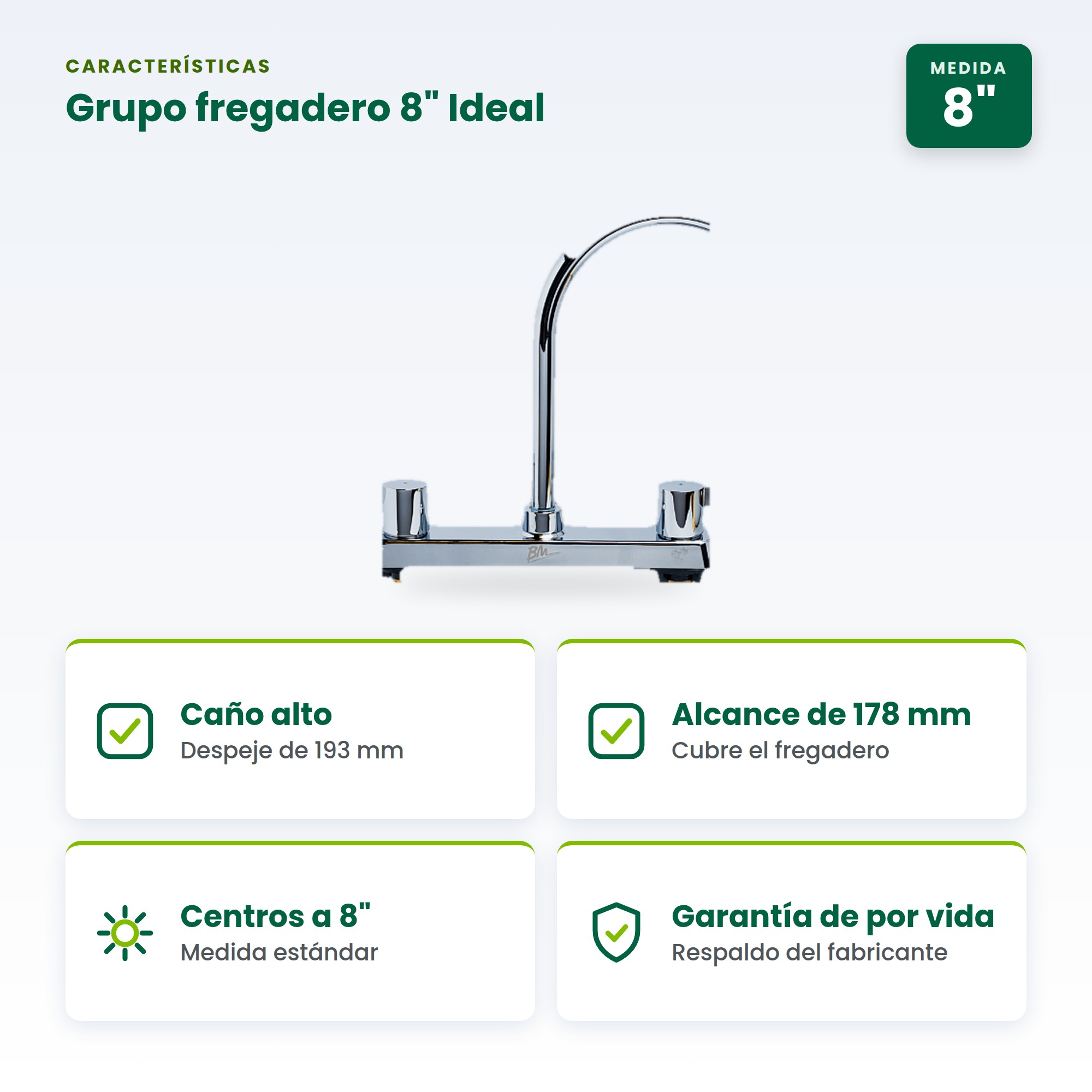 Grifería para Fregadero de 8 Pulgadas BM IDEAL