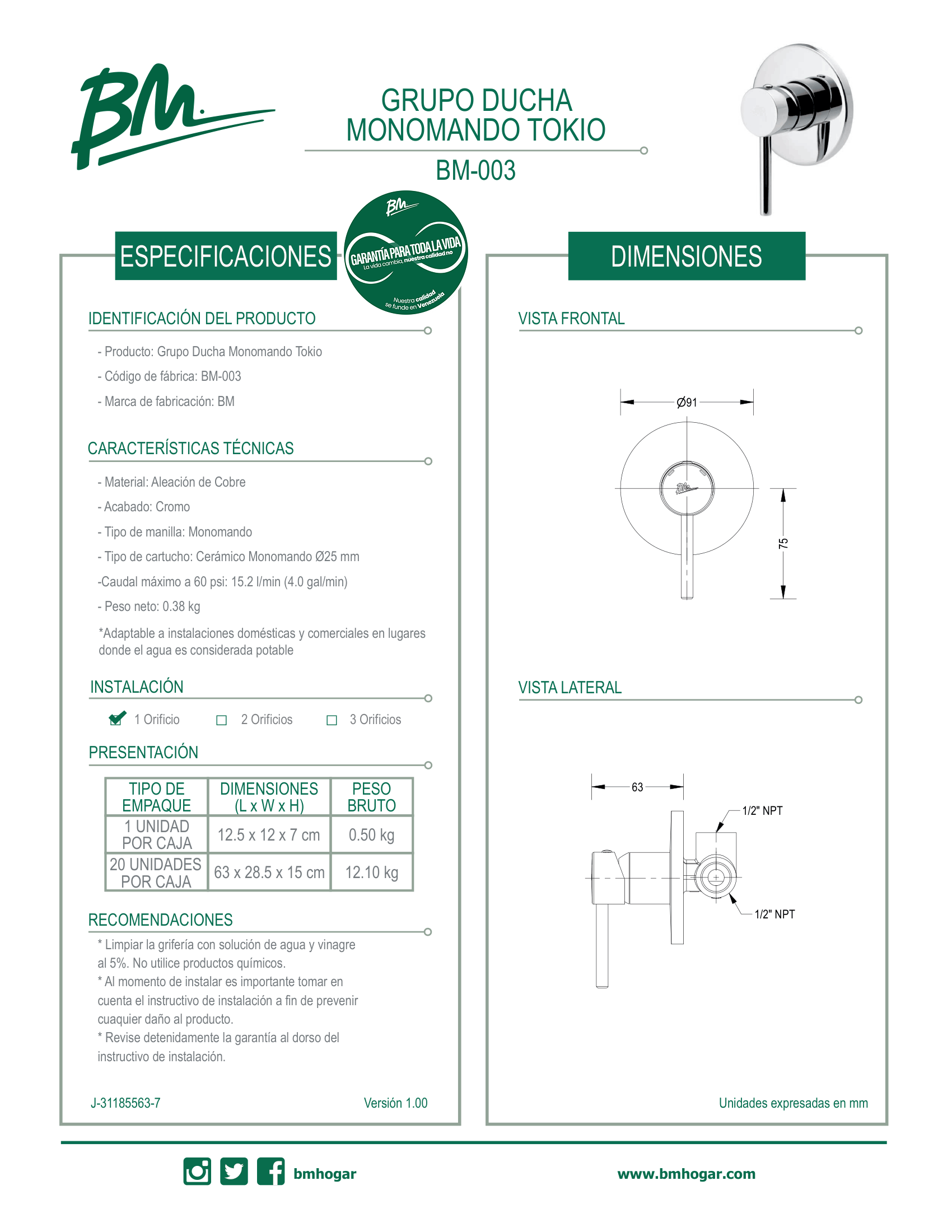 Grifo monomando para ducha Tokio BM-003