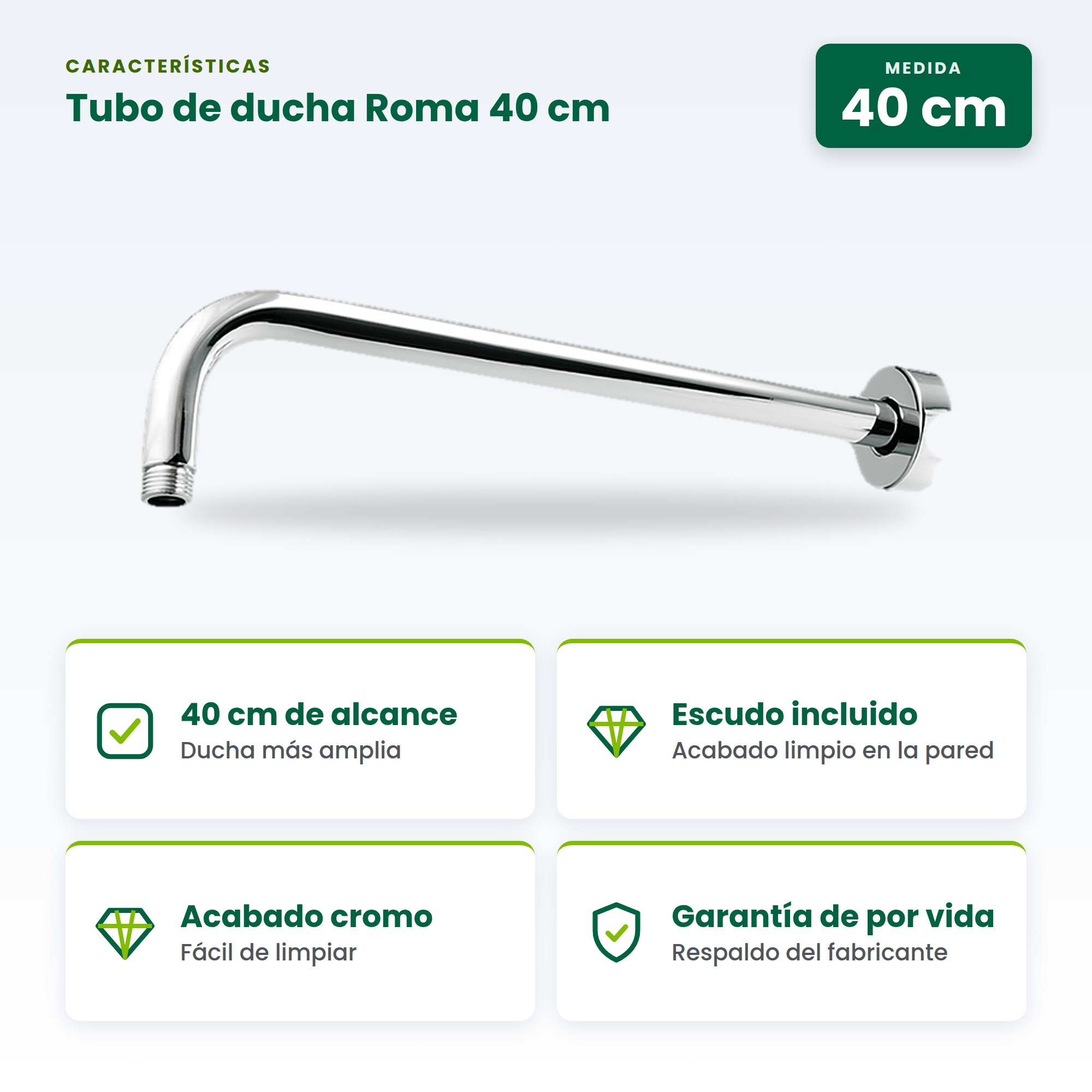 Tubo para Regadera de 40 cm BM-TR40 con Acabado en Cromo