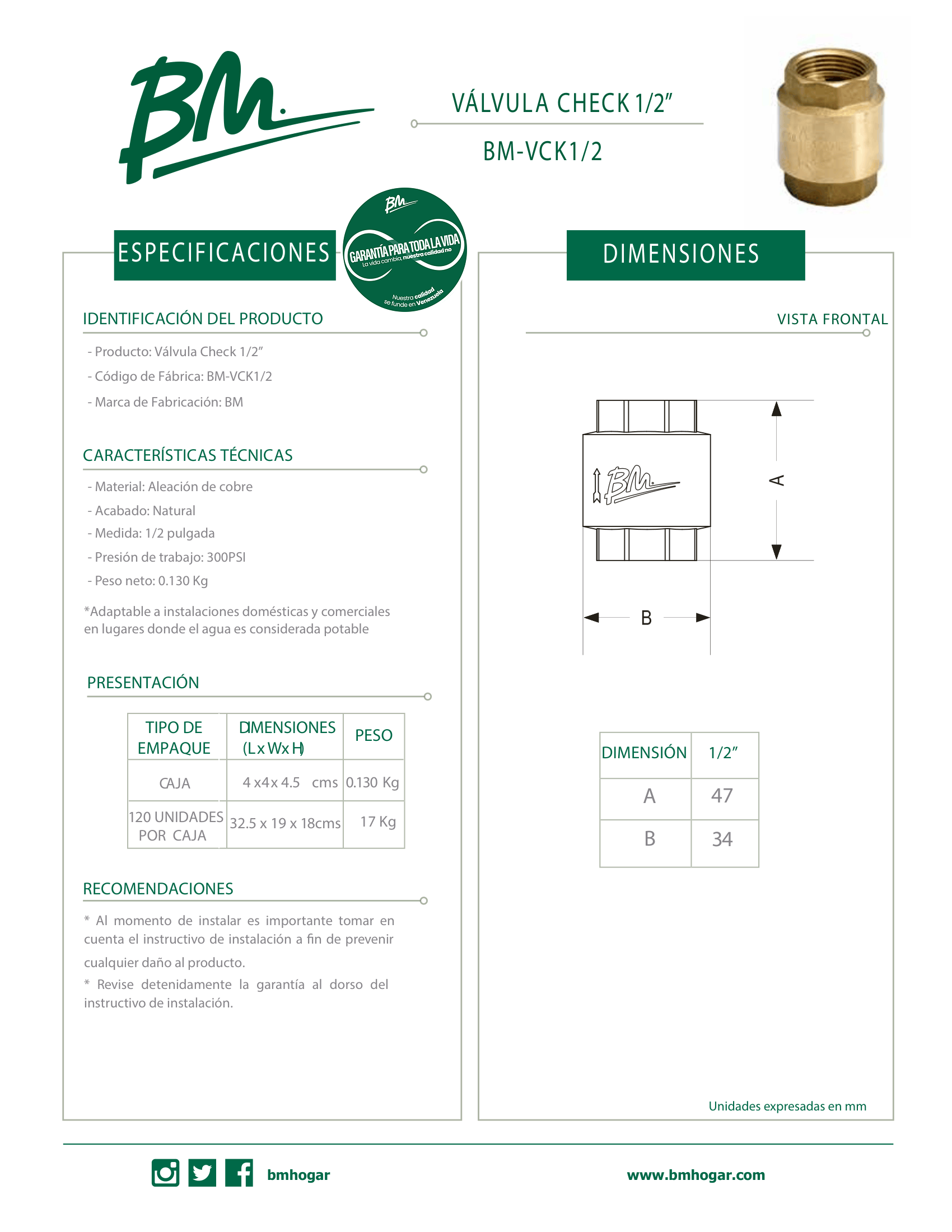 Válvula Check de 1/2 Pulgada BM-VCK1/2 para Redes Hidráulicas