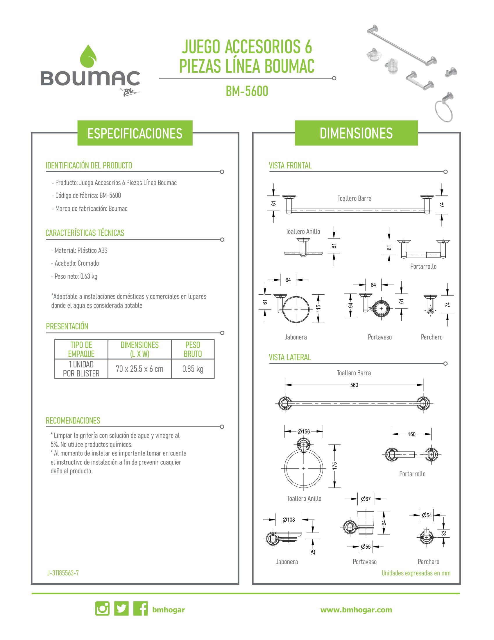 Juego de 6 accesorios para baño Línea Boumac BM-5600 de plástico ABS cromado