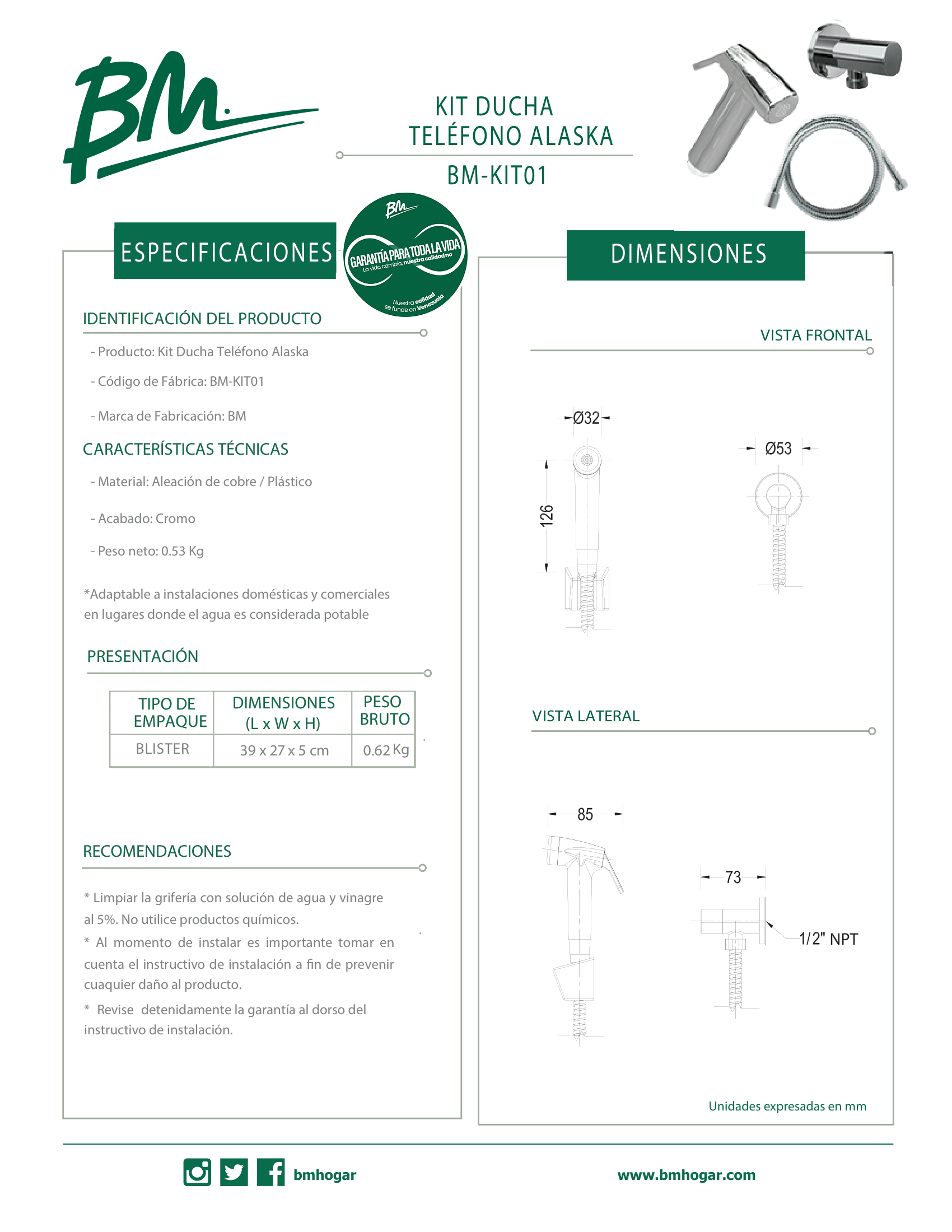 Kit Ducha Teléfono Alaska BM-KIT01 para Baños Domésticos y Comerciales
