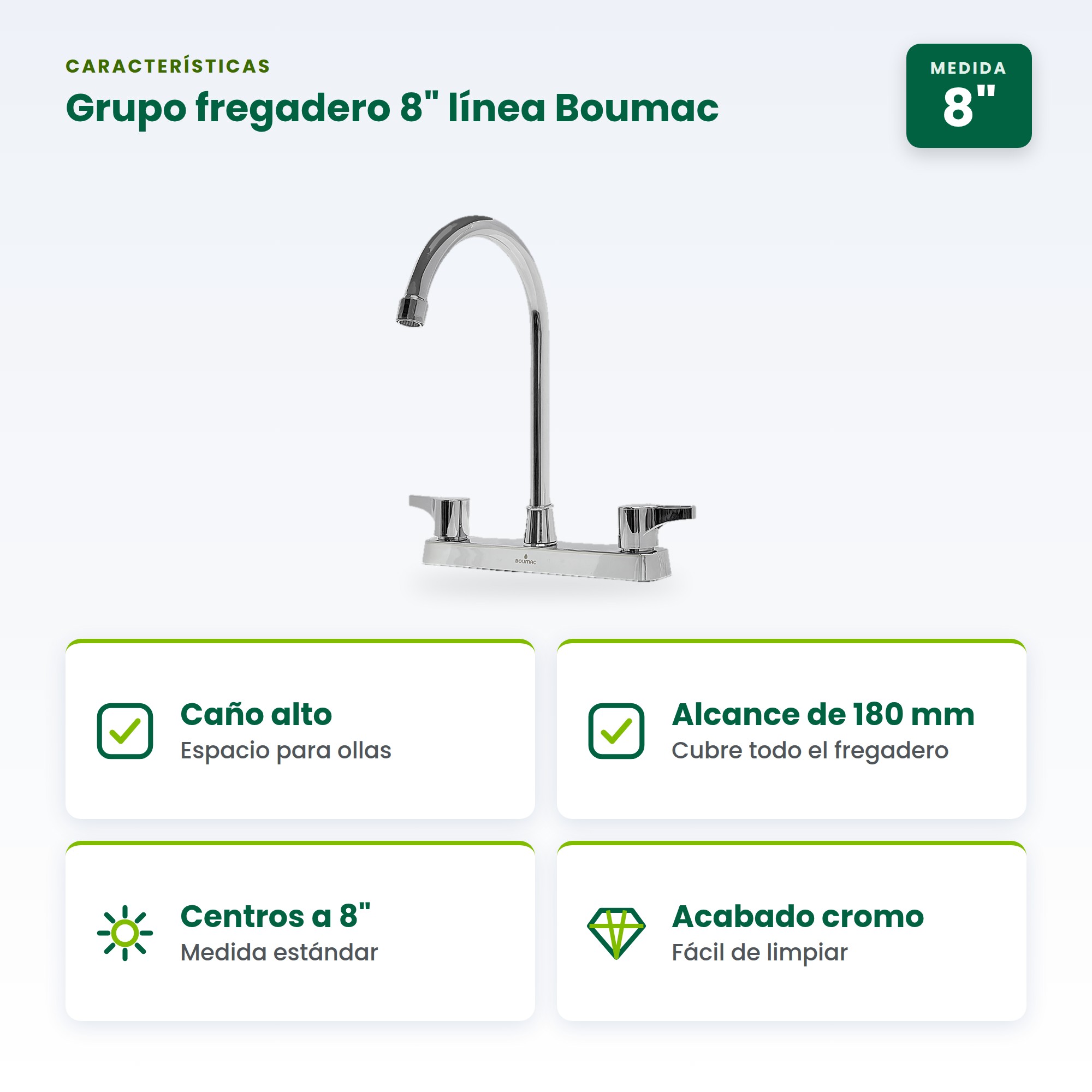 Grifo para fregadero cromado de 8 pulgadas Boumac BM-88208