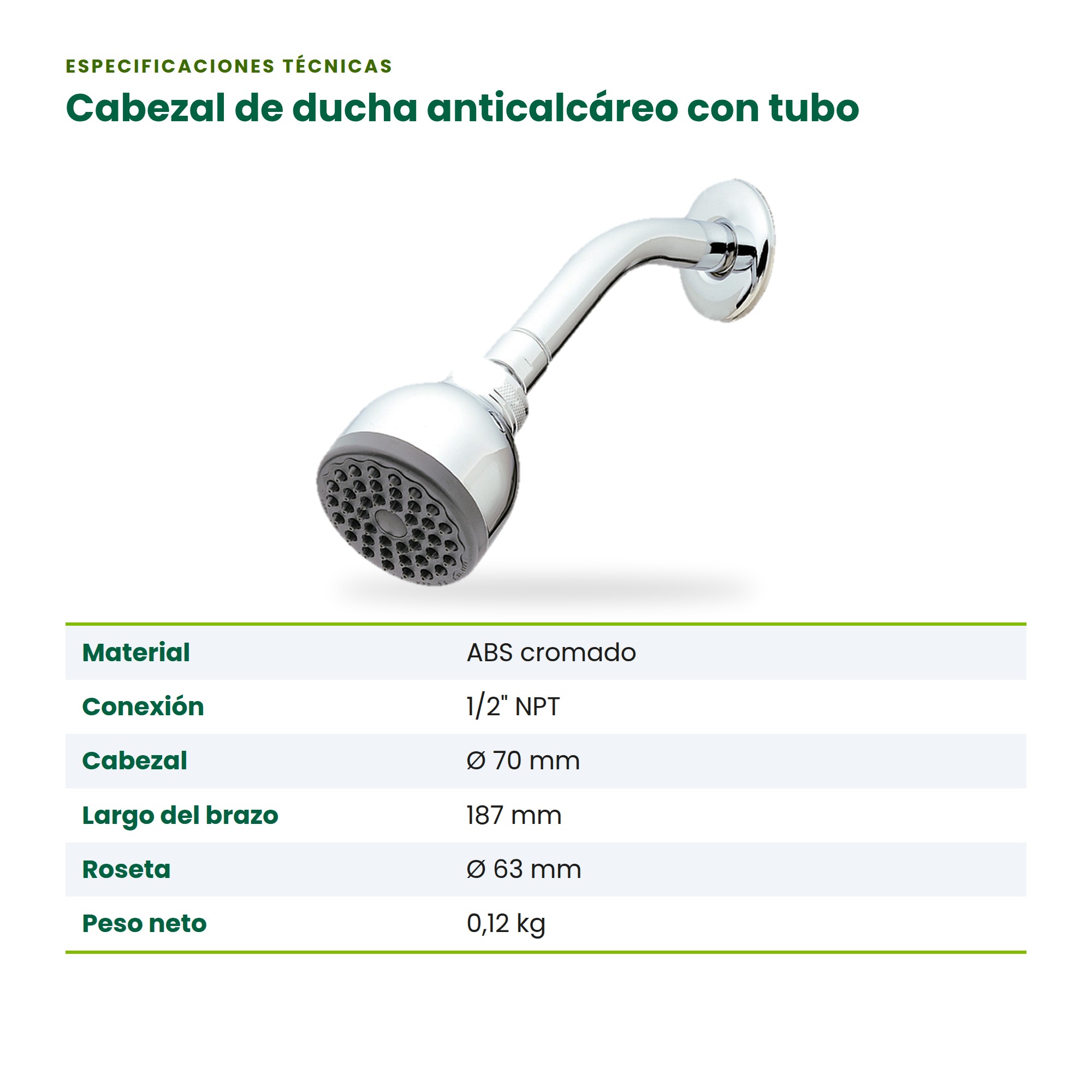 Cabezal de Ducha Anticalcárea Cromo con Tubo y Roseta BM-901