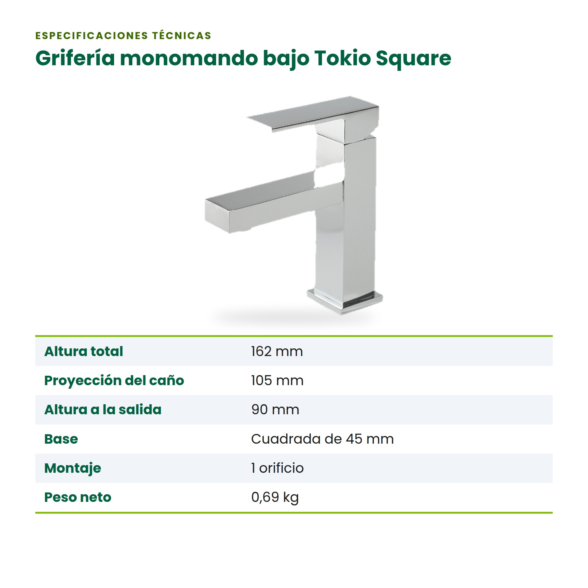 Grifo Monomando Bajo para Lavamanos Tokio Square BM-S001