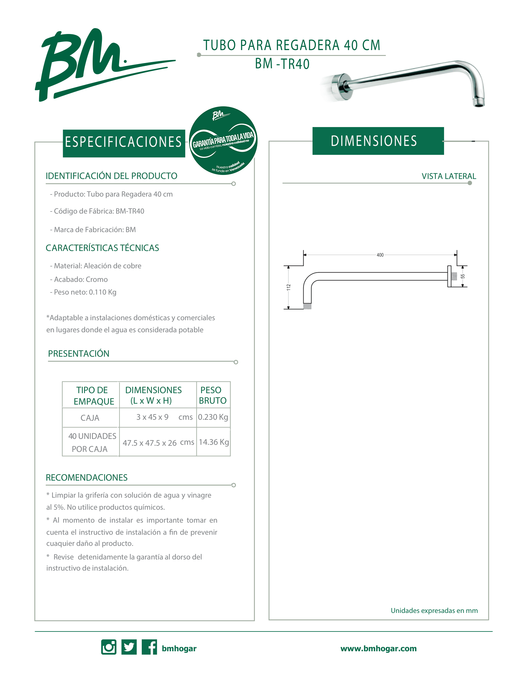 Tubo para Regadera de 40 cm BM-TR40 con Acabado en Cromo