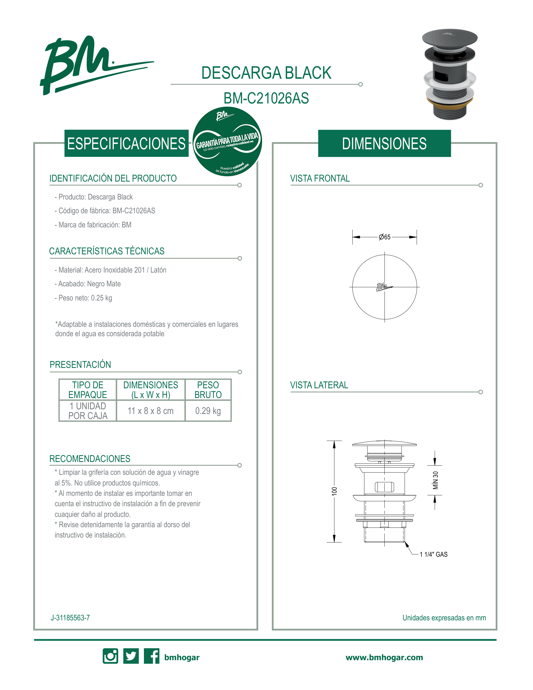 Descarga Black de acero inoxidable y latón marca BM para instalaciones