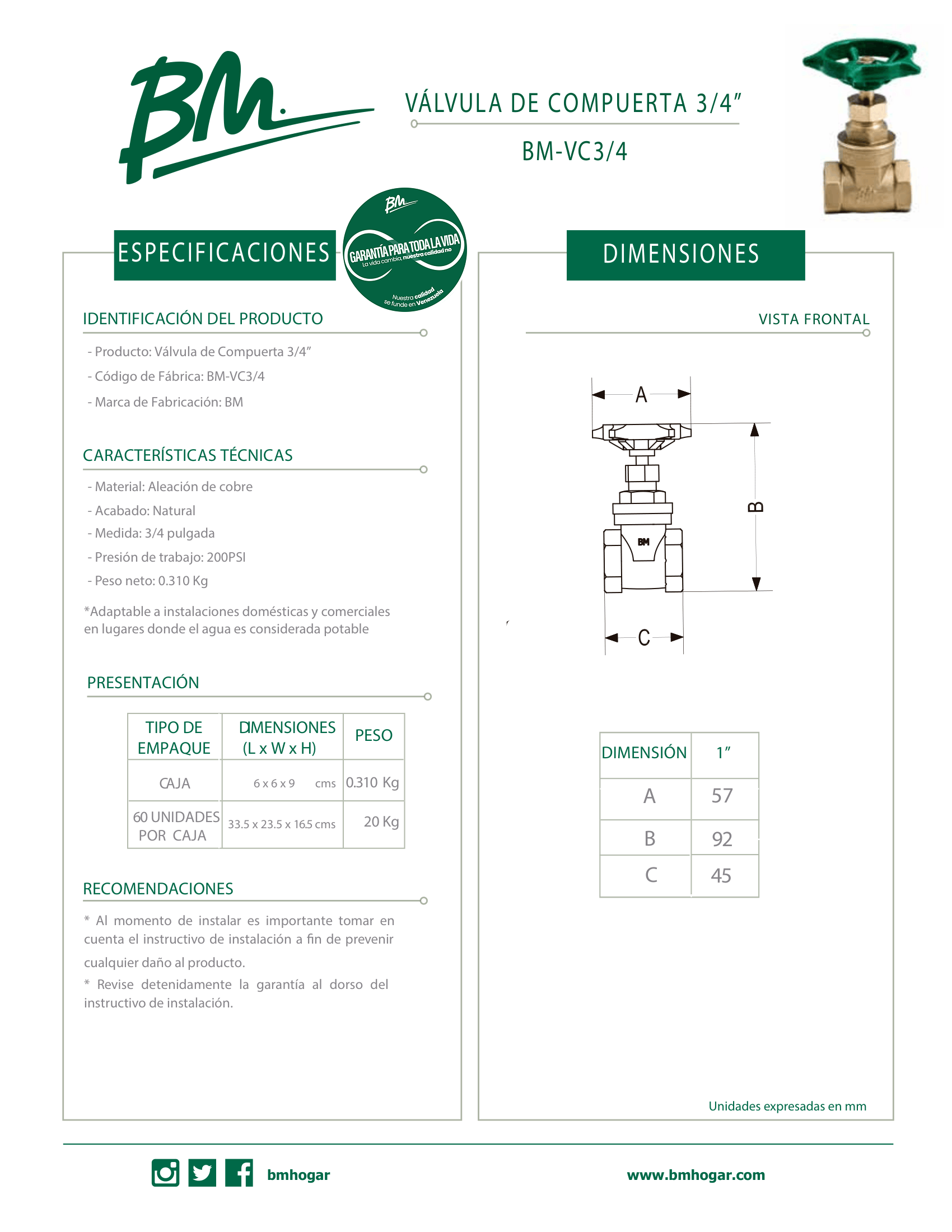 Válvula de compuerta de 3/4 pulgada BM para control de flujo de agua potable