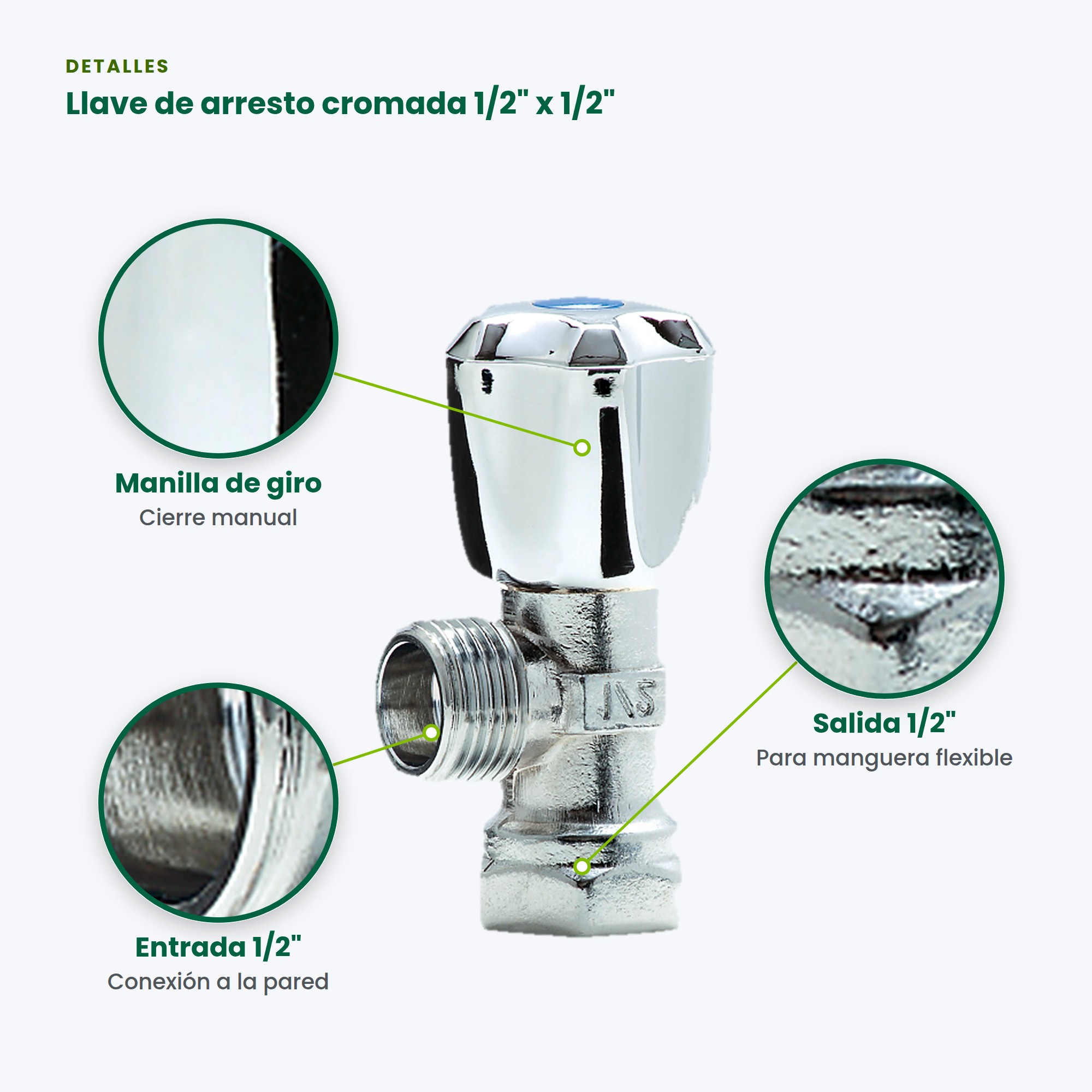 Llave de Arresto Cromada 1/2 x 1/2 en Aleación de Cobre para Agua Potable - BM