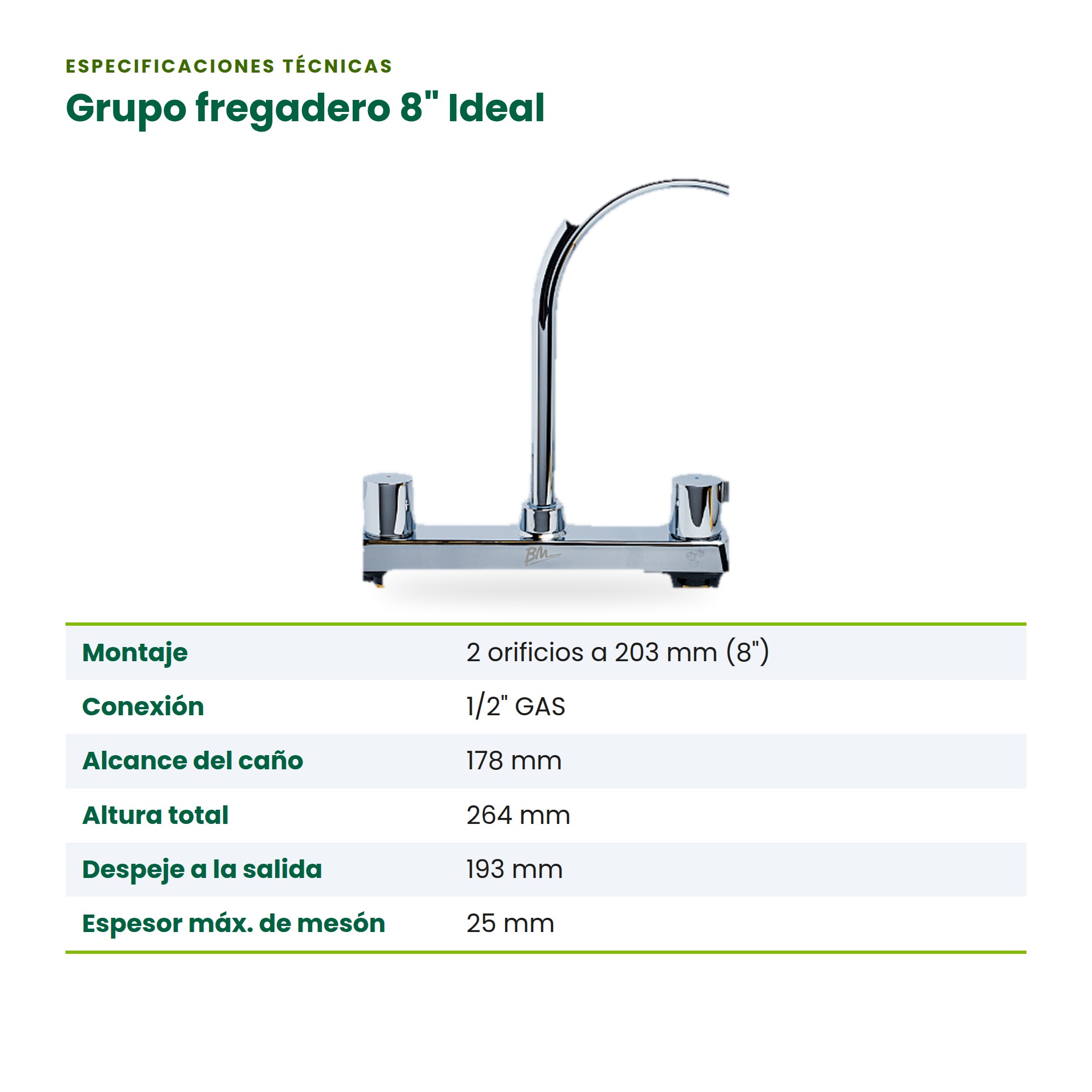 Grifería para Fregadero de 8 Pulgadas BM IDEAL