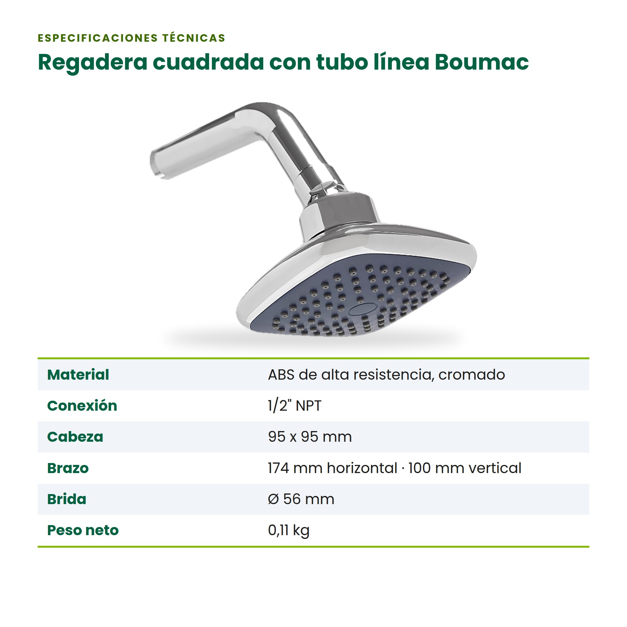 Regadera cuadrada con tubo cromada Boumac BM-139 para baño