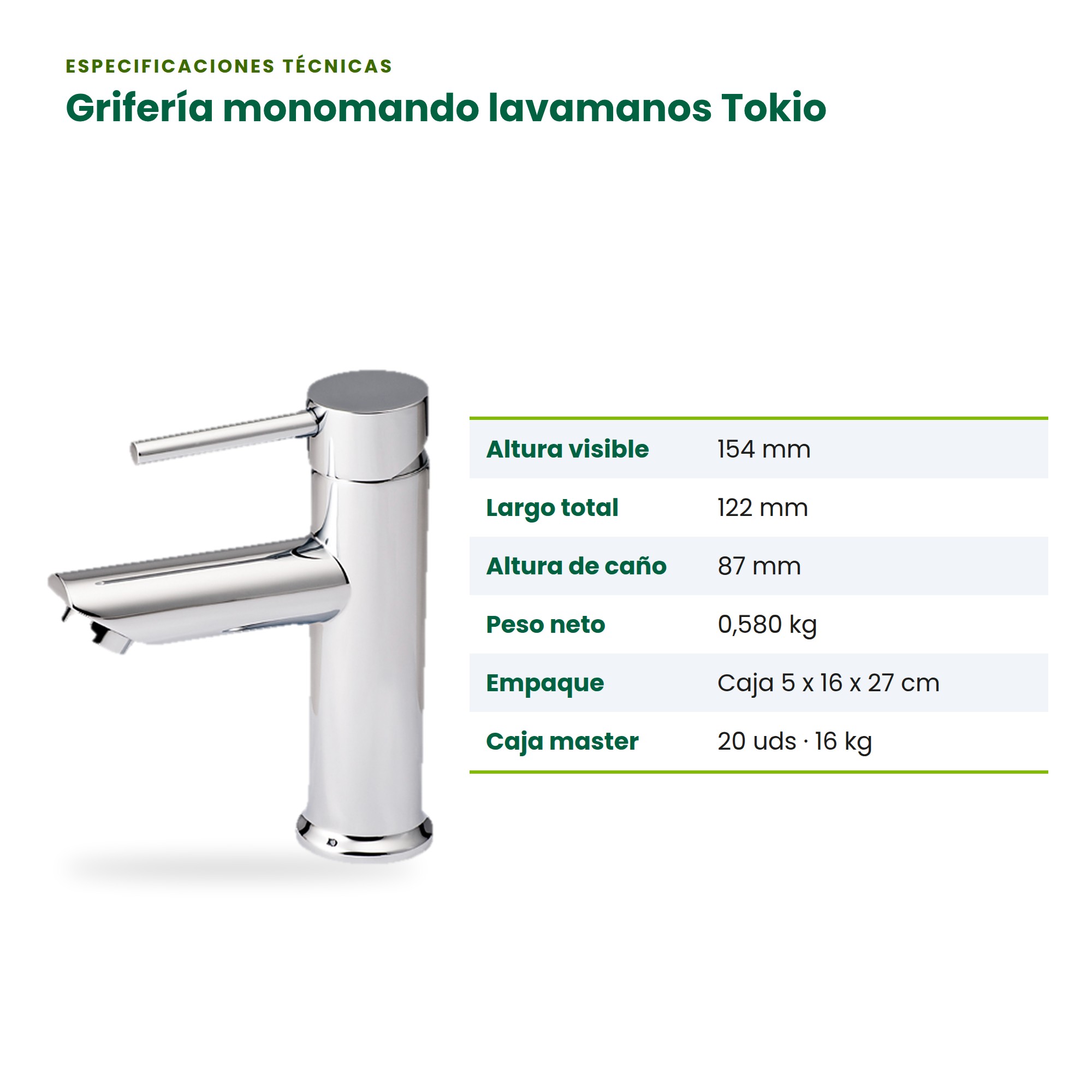 Grifería monomando para lavamanos BM Tokio BM-001