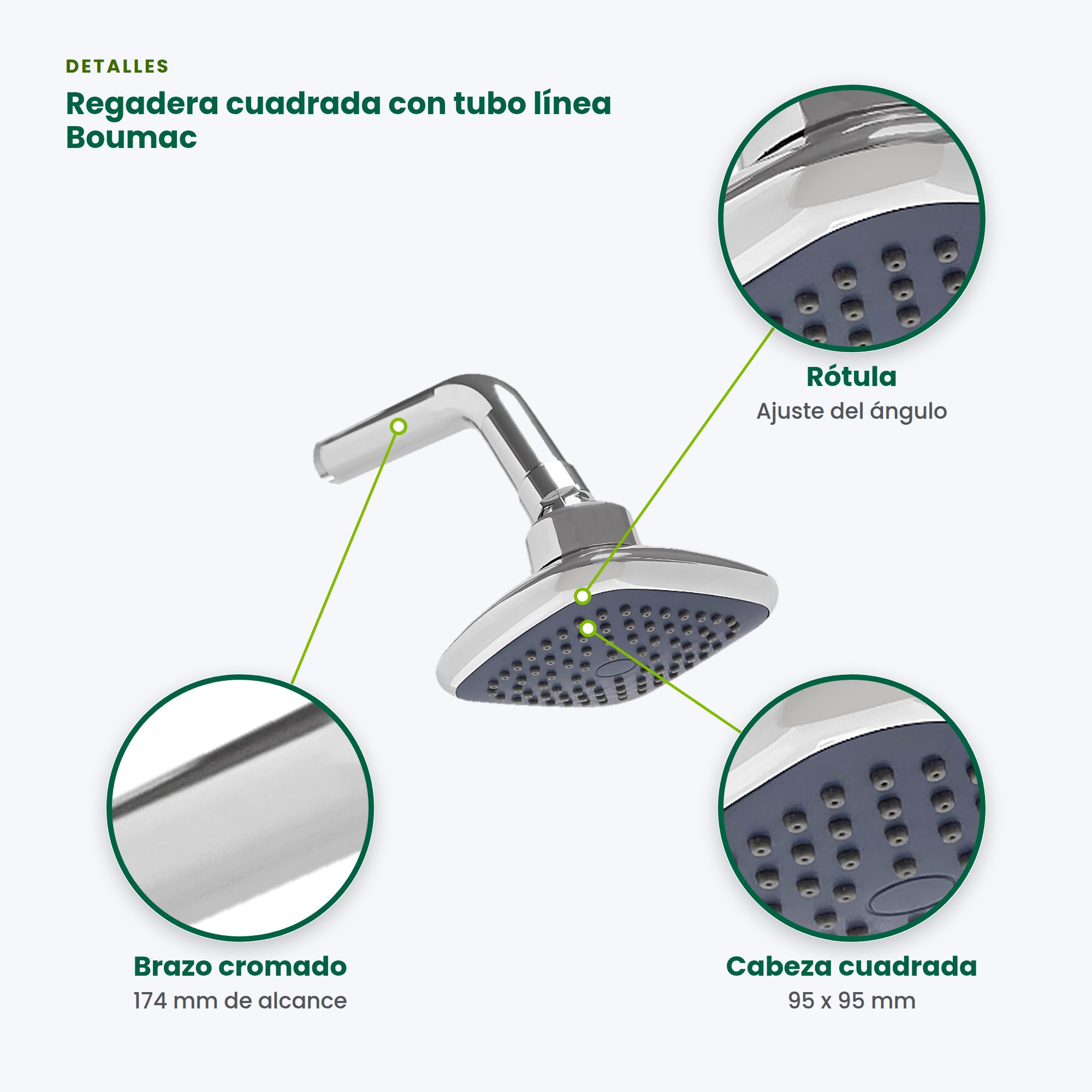 Regadera cuadrada con tubo cromada Boumac BM-139 para baño