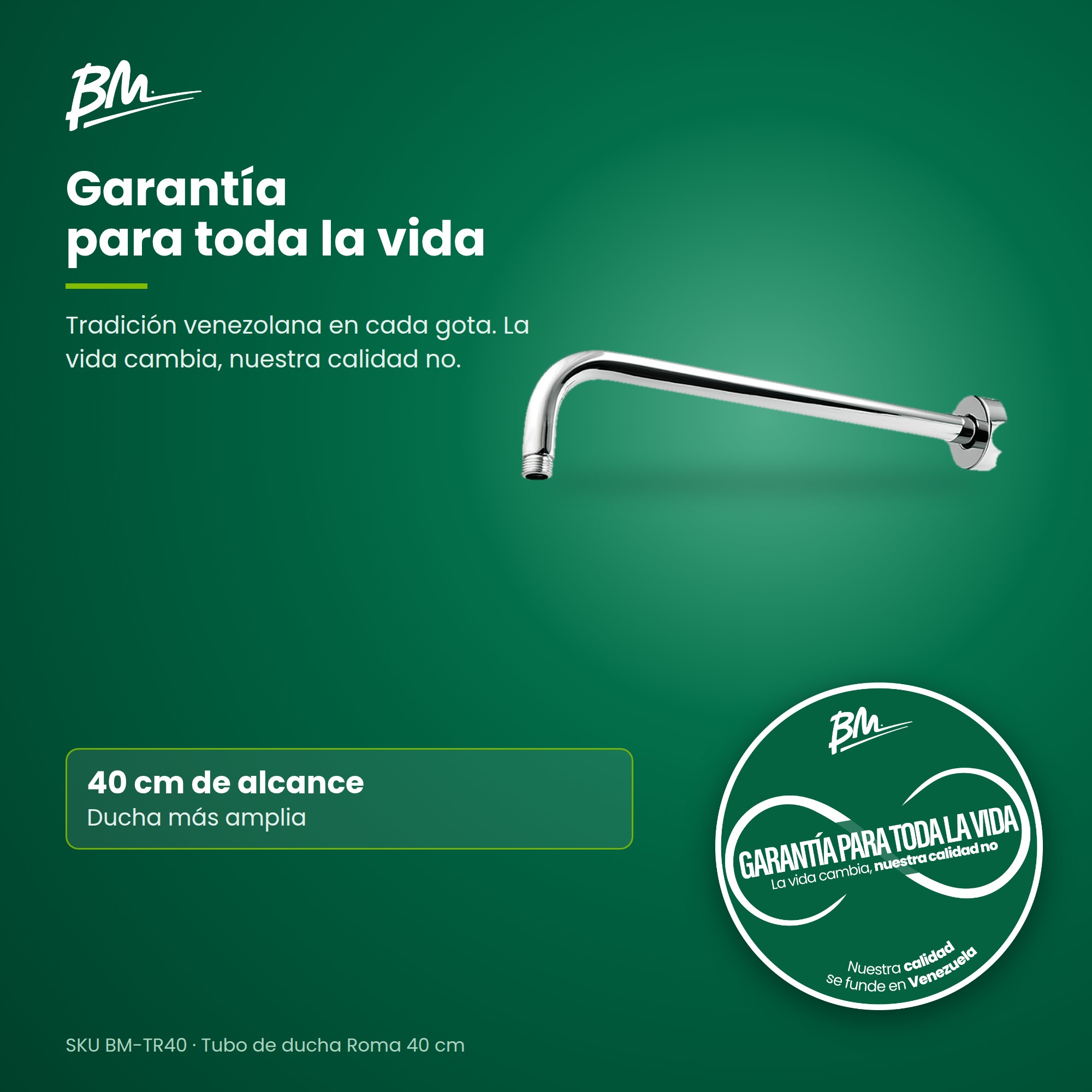 Tubo para Regadera de 40 cm BM-TR40 con Acabado en Cromo