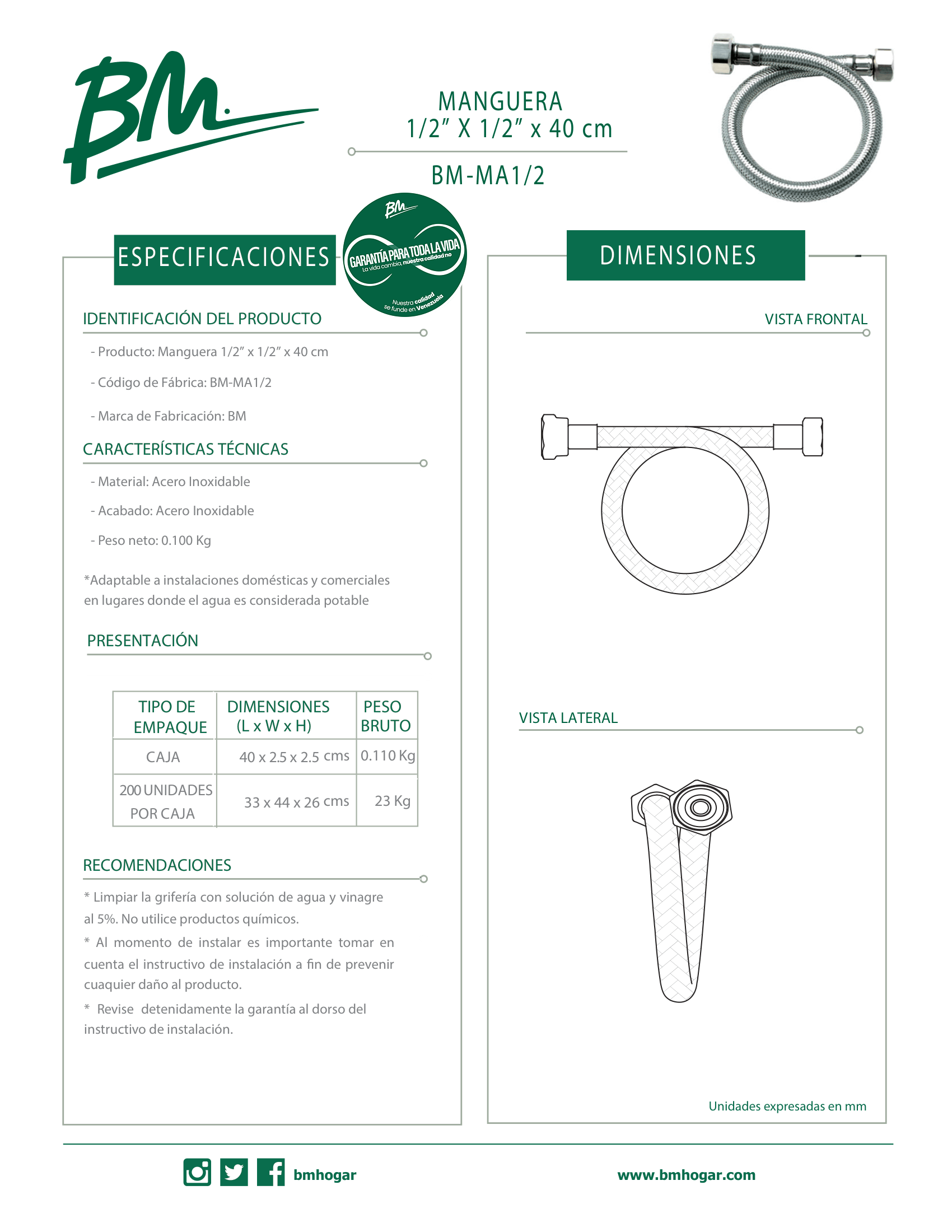 Conector Flexible de Acero Inoxidable 1/2'' x 1/2'' x 40 cm para Agua Potable y Grifería