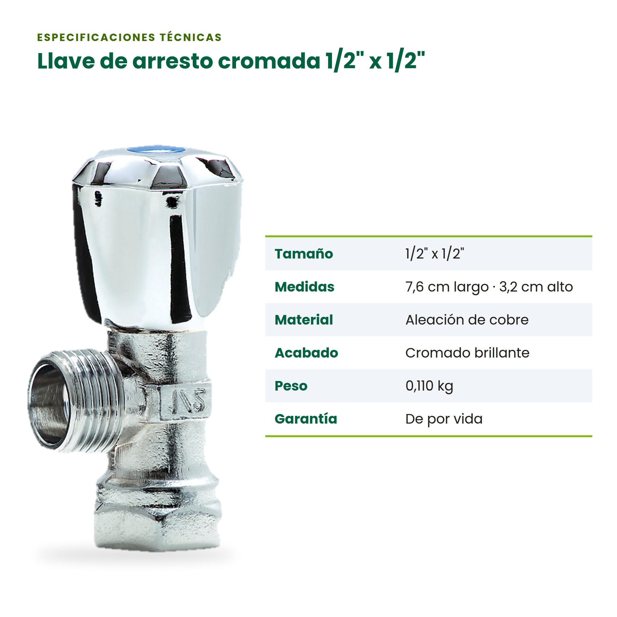 Llave de Arresto Cromada 1/2 x 1/2 en Aleación de Cobre para Agua Potable - BM