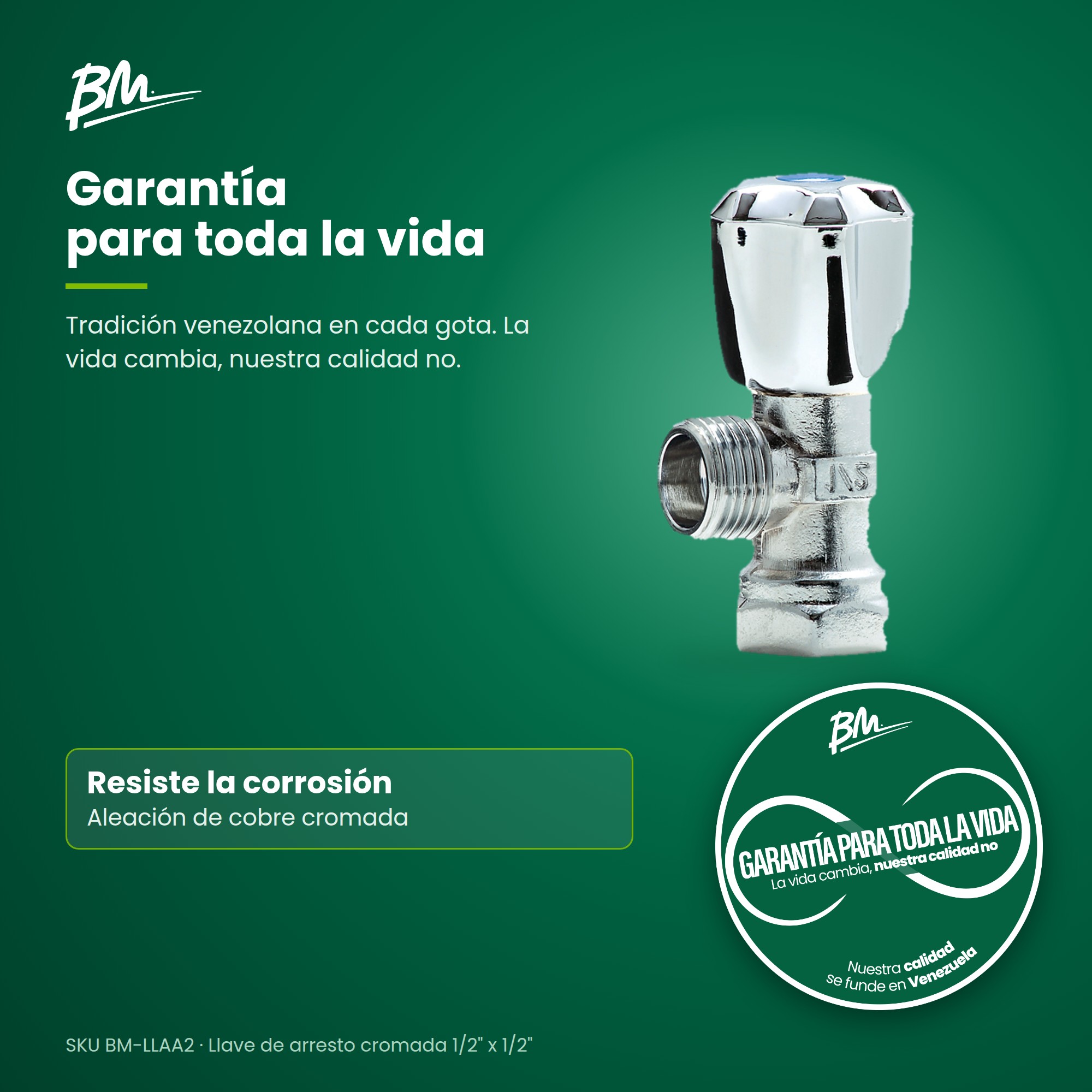 Llave de Arresto Cromada 1/2 x 1/2 en Aleación de Cobre para Agua Potable - BM