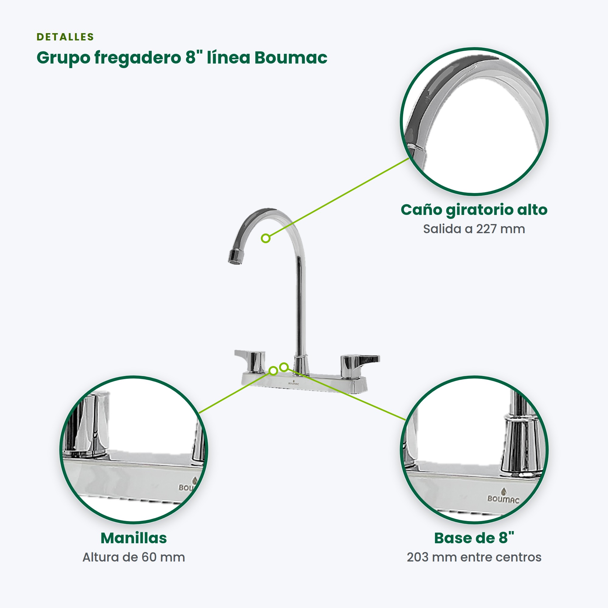Grifo para fregadero cromado de 8 pulgadas Boumac BM-88208