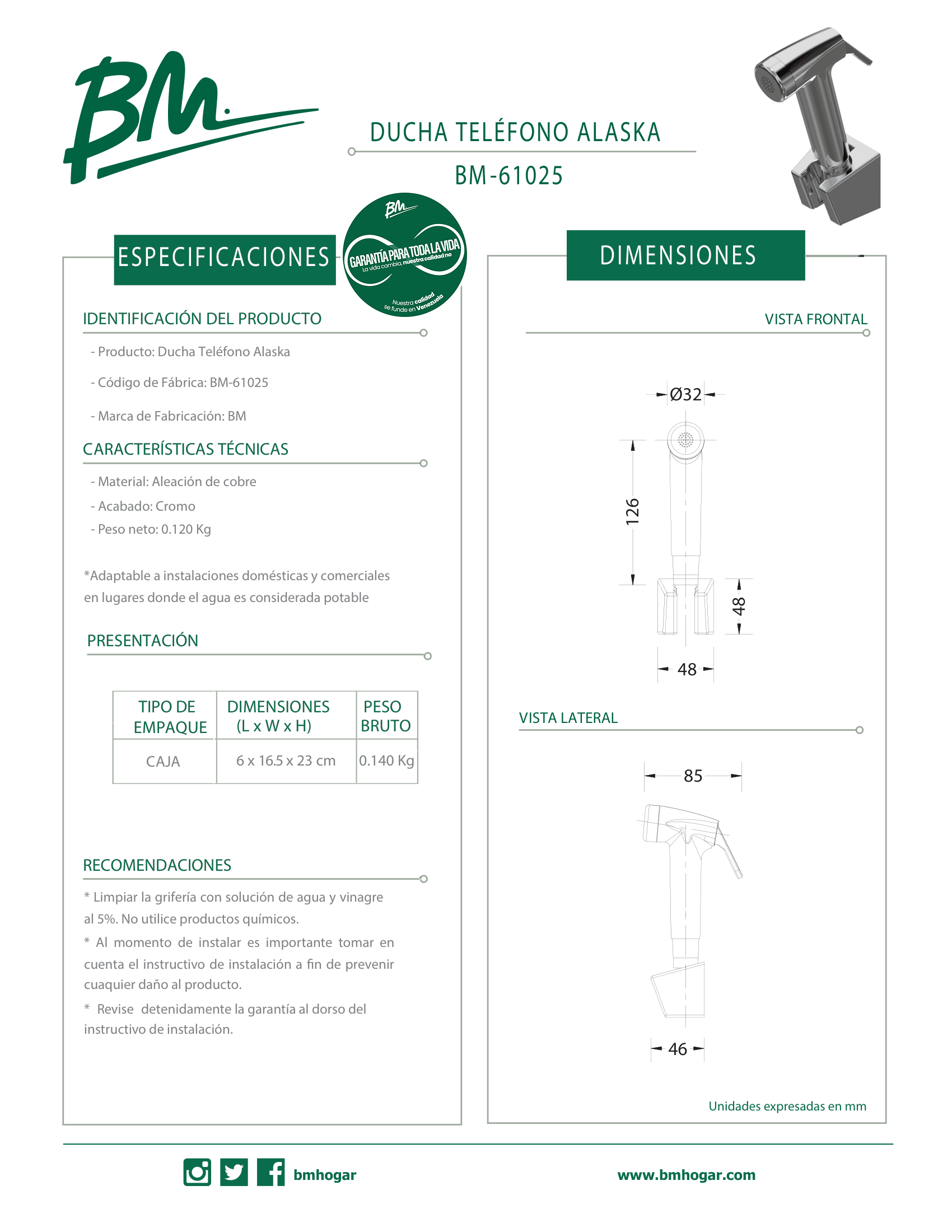 Ducha Teléfono Cromo Alaska BM-61025 para Baño
