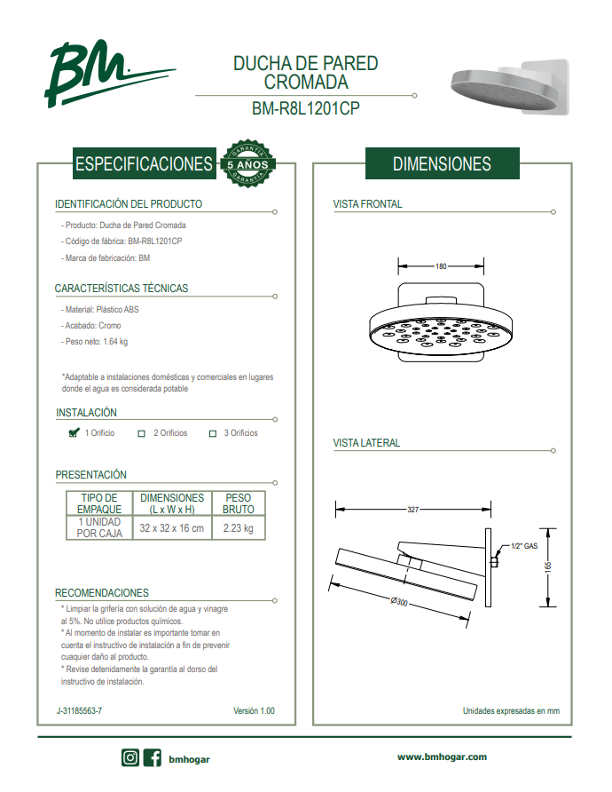 DUCHA DE PARED CROMADA